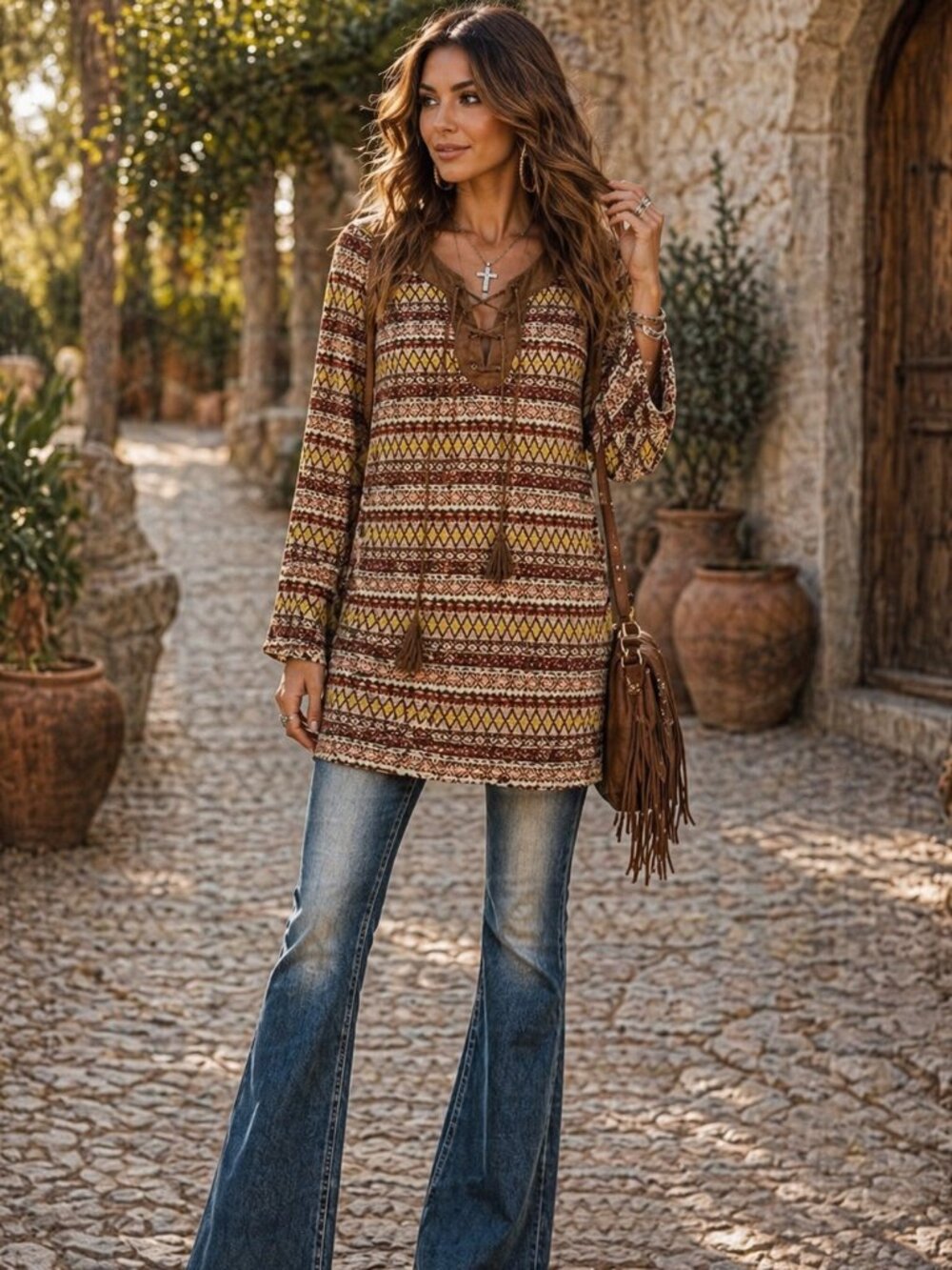 Flying Tomato Boho Dress Womens M Suede Lace Up Tassel Aztec Knit Chic